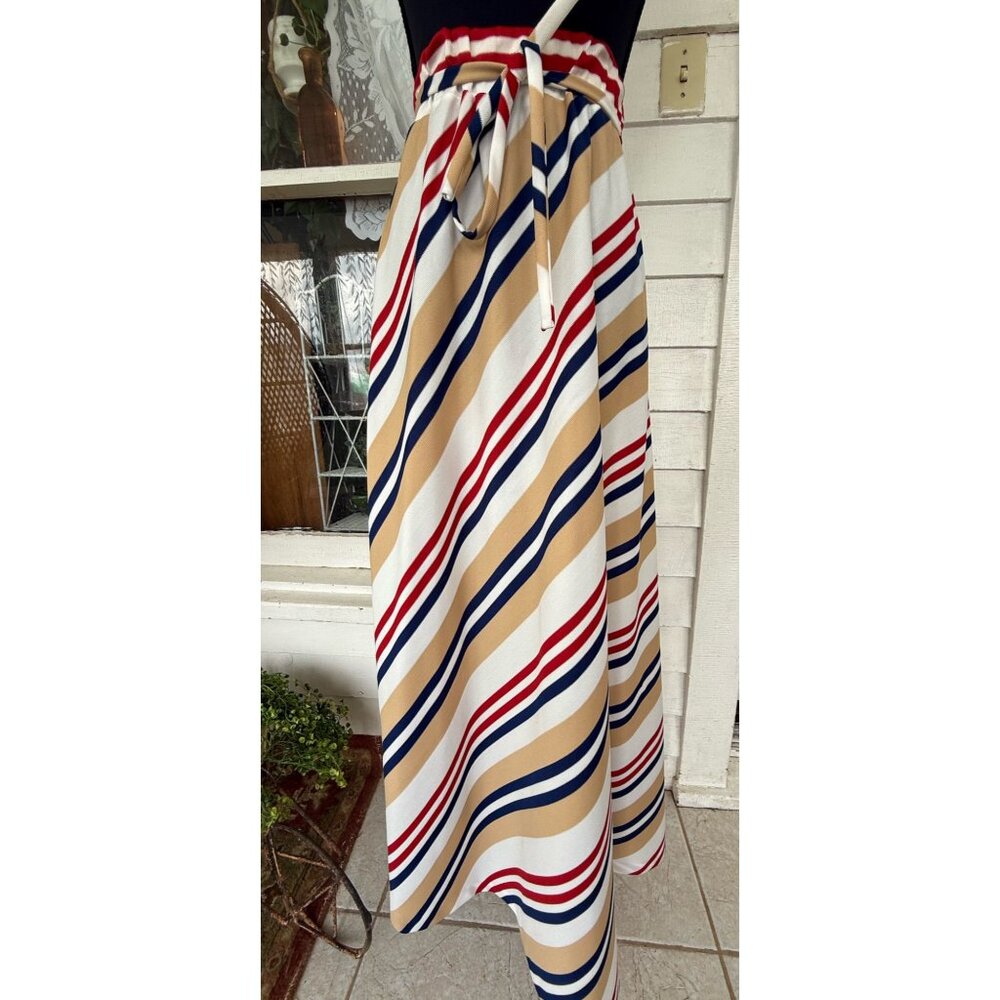 Vintage 70's Stripe MOD Maxi Skirt Chevron Stripe Blue Tan Red Size S-M